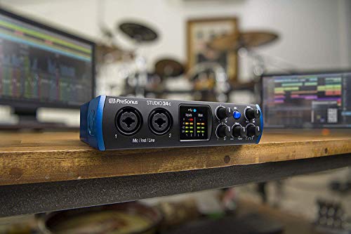 PreSonus Studio 24c 2×2 USB-C Audio/MIDI Interface + Studio One Artist DAW + Cardioid Condenser Microphone Kit with XLR Cable Shockmount Pop Filter Mic Stand and Headphones Bundle