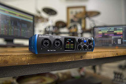 PreSonus Studio 24c 2×2 USB-C Audio/MIDI Interface + Studio One Artist DAW + Cardioid Condenser Microphone Kit with XLR Cable Shockmount Pop Filter Mic Stand and Headphones Bundle