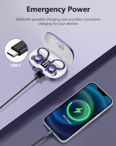 hadbleng Wireless Bluetooth Earbuds Sport 128H Playtime Bluetooth 5.3 Headphones with LED Display Powerful Bass Over Ear Earphones with Earhooks IP7 Waterproof - color: Dark purple