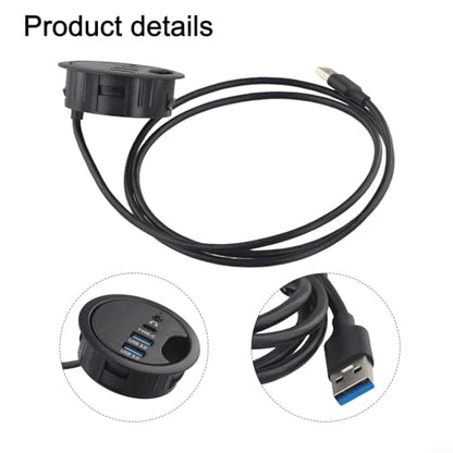 USB 3.0 Desk Grommet Hub with Dual Port Audio Interface for Headphones and Microphones, Compact Cable Organizer and Plug-and-Play Connectivity for Desktop PC and Laptop Workstations
