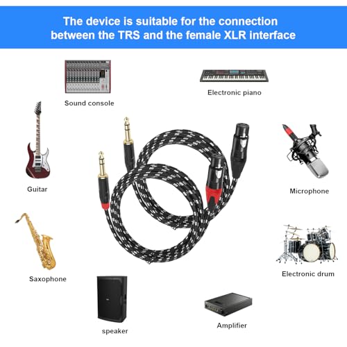 XLR Female to 1/4 (6.35mm) TRS Mono Jack Microphone Cable, 6.6 FT, 2 Pack, Black and White Grid Protective Layer, Balanced 3 Pin XLR to Quarter inch TRS Plug Mic Cord, Pure Copper and Plated Pin - size: 6.6 FT 2 Pack, style: B/W 6.35 to XLR Female