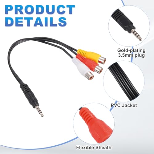 MECCANIXITY 2 Pcs TRRS 3.5mm Male Black to Gold Plating 3RCA Female Cable, 0.23Meter(9 Inch) Copper Core 2.5mm PVC Audio AUX Cable for TV/Amplifier/Speaker/Mobile
