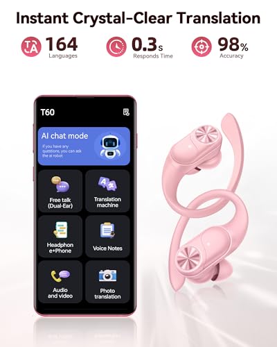 PocBuds Bluetooth Headphones Wireless Earbuds 80hrs Playtime Wireless Charging Case Digital Display Sports Ear Buds with Earhook Deep Bass IPX7 Waterproof Over-Ear Earphones for TV Phone Laptop Pink - color: Pink, style: AI Buds Pro