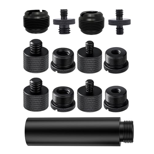 13 Pack Microphone Stand Adapter Screws with Extension Tube,Black Aluminum Alloy,3/8 to 5/8 and 1/4 Threaded Screw Mount for Mic Boom Arm,Camera Tripod,Projector Stand Arm,Fill Light