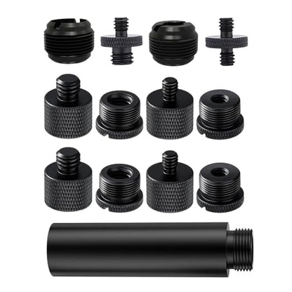 13 Pack Microphone Stand Adapter Screws with Extension Tube,Black Aluminum Alloy,3/8 to 5/8 and 1/4 Threaded Screw Mount for Mic Boom Arm,Camera Tripod,Projector Stand Arm,Fill Light
