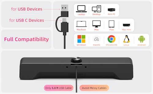 Computer Speakers for Desktop PC, USB Soundbar for Laptop with Loud Sound