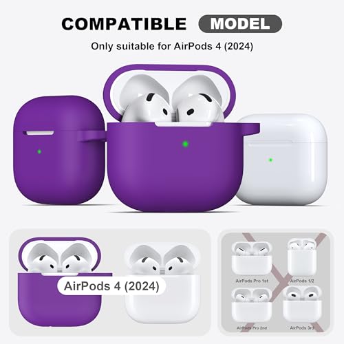 for AirPods 4th Case Cover with Cleaner Kit, Soft Skin Silicone Case Cover with Keychain, Full Protective Case for Men and Women, Compatible with Apple Latest AirPods 4 Case 2024, Purple - color: C Purple