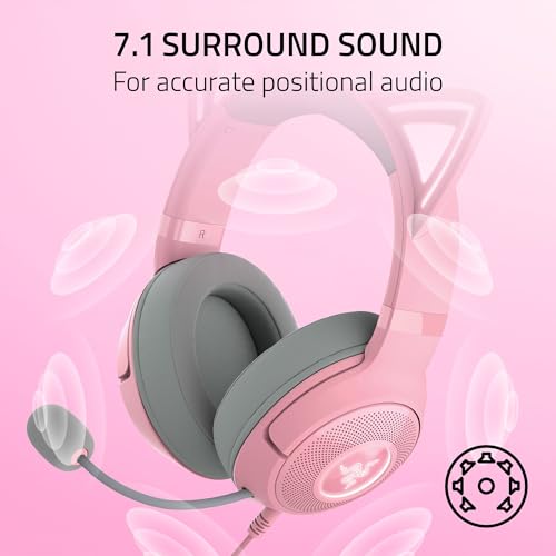 Razer Kraken Kitty V2 USB Wired Headset, Chroma RGB Kitty Ears, Pink | Stream Reactive Lighting, HyperClear Cardioid Mic, 40 mm Drivers, 7.1 Surround Sound, Comfortable Ear Cushions - color: Quartz Pink