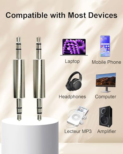 4 Pack Metal 3.5mm TRS Male to Male AUX Audio Coupler Adapter | 1/8 Inch Stereo Plug Connector for Car Aux, Bluetooth Receiver, MP3 Player, Laptop & Audio Transmitters, Silver