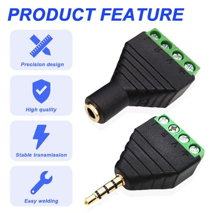 3.5mm Screw Terminal Gold Plated, 1/8" TRRS Male to 4 Pin Screw Terminal with 1/8" TRRS Female to 4 Pin Screw Terminal, Balun Solderless Converter with Screwdriver - color: 4Pin
