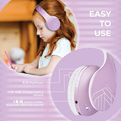 PowerLocus Kids Headphones Over-Ear, Bluetooth Wireless Headphones for Kids,with Microphone, Safe 85DB Volume Limited, Foldable with Carry Case, Audio Cable, Micro SD mode for Online Classes,PC,Phones - color: Purple