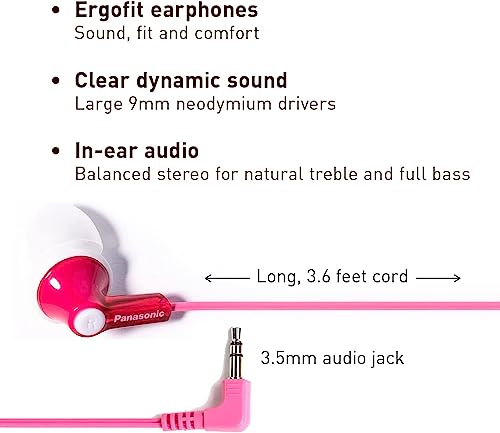 Panasonic ErgoFit Wired Earbuds, In-Ear Headphones With Dynamic Crystal-Clear Sound And Ergonomic Custom-Fit Earpieces (S/M/L), 3.5mm Jack For Phones And Laptops, No Mic - RP-HJE120-P (Pink) - color: Pink, style: No Mic