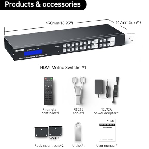 MT-VIKI 4K HDMI Matrix Switch 8X8 w/Web GUI & Audio Extraction w/Remote, 4K@30Hz, Rack Mount Switcher & Splitter, EDID, RS232, LAN Port, APP, Fit 1U 19'' Rack for Conference Room, Church, Bar - size: 8X8 4K30Hz
