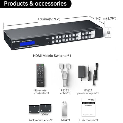 MT-VIKI 4K HDMI Matrix Switch 8X8 w/Web GUI & Audio Extraction w/Remote, 4K@30Hz, Rack Mount Switcher & Splitter, EDID, RS232, LAN Port, APP, Fit 1U 19'' Rack for Conference Room, Church, Bar - size: 8X8 4K30Hz