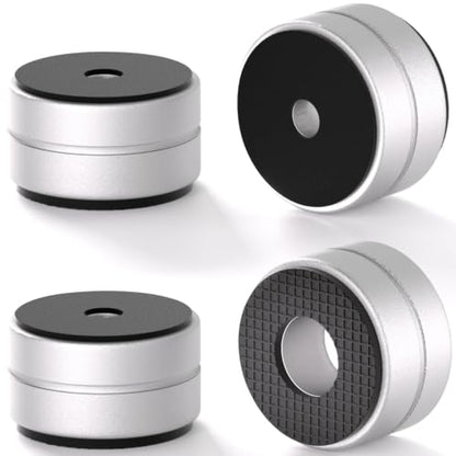 Aluminum Speaker Isolation Feet with Dual-Sided Silicone Pads - 30×17mm | 4-Pack Silver PC Case Feet with 6-32/M4/M6 Screws, Non-Slip Riser Feet with High Load Capacity for Heavy Equipment