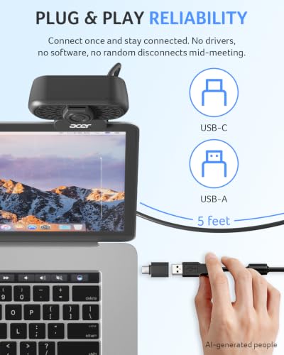 Acer 1080p Webcam USB Plug and Play Webcam for PC with Noise Cancellation Microphones Computer Camera for Desktop Streaming Gaming Online Meeting Wide Angle Privacy Cover A-to-C Adapter Easy Setup - color: Black