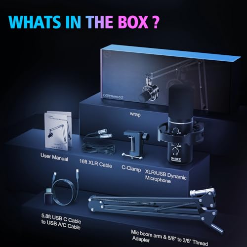 XLR/USB Gaming Microphone with Boom Arm for Streaming | Dynamic Microphone with One-Touch Mute, Gain Control, Headphone Jack, RGB Lighting for Podcast, Recording Vocal