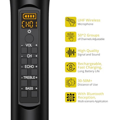 PROZOR UHF Wireless Microphone with Volume Treble Bass Echo Control, Wireless Rechargeable Mic Dual Handheld Dynamic Mic System with Rechargeable Receiver, for Karaoke Machines, DJ, Church, Weddings - style: Rechargeable Portable Bluetooth UHF Mic – Echo