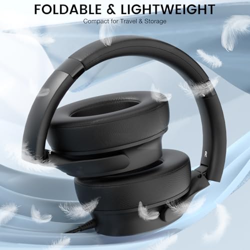 USB C Wired Over-Ear Headphones with Microphone | Volume Control, Share Port, Adjustable Headband Foldable Stereo Headset for Adult/Teens for iPhone 16, Laptop, Gaming, Travel - color: New Black