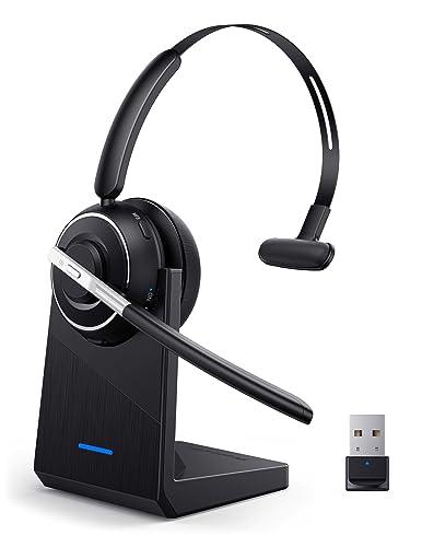 Bluetooth Headset, Wireless Headset with Microphone for PC, V5.2 Computer Headset with Noise Cancelling Mic, USB Dongle, Charging Base & Mute Button for Work, Cell Phones, Computer (Black) - color: Black