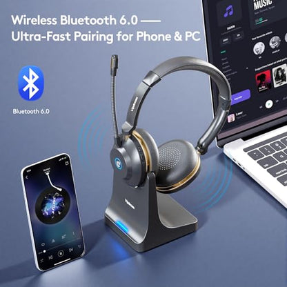Wireless Headset With Microphone, Bluetooth 5.3 Headset With 45H Battery | Bluetooth 5.3, 45H Talk Time, Mute Button, Charging Base, Protein Leather Cushions for Work Calls and Online Meetings