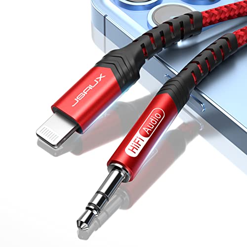 JSAUX MFi Lightning to 3.5mm Audio Cable 3.3FT for iPhone and Car Stereo | Hi-Fi sound with 24-bit/96kHz DAC; 15,000-bend-tested nylon braid for Lightning iPhone/iPad/iPod, for car stereo - color: Red, size: 3.3ft
