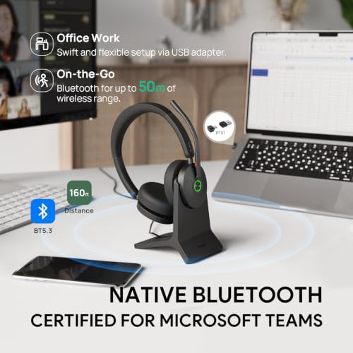 Yealink BH74 with Stand ANC Wireless Headset with Microphone for PC, Bluetooth Headset Noise Cancelling with 6 AI Mic, 32H Talk Time&Mute Button, Microsoft Teams Premium Open Office Certified for Work - color: Black (Teams), style: BH74 + stand