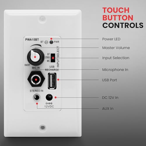 Pyle Wireless BT Receiver Wall Mount - 100W In-Wall Audio Control Receiver w/ Built-in Amplifier, USB/Microphone/Aux (3.5mm) Inputs, Speaker Terminal Block, Connect 2 Speakers, White - PWA15BT
