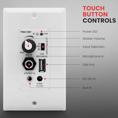 Pyle Wireless BT Receiver Wall Mount - 100W In-Wall Audio Control Receiver w/ Built-in Amplifier, USB/Microphone/Aux (3.5mm) Inputs, Speaker Terminal Block, Connect 2 Speakers, White - PWA15BT