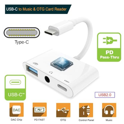 CY Type C USB-C to 3.5mm Audio AUX & Type-A USB2.0 OTG Female with PD Power Charge Adapter Compatible with Laptop Tablet Phone - style: USB+PD+Audio