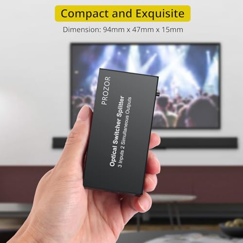 PROZOR Digital Audio Switcher Splitter - 3 in 2 Out 3 Port Spdif Toslink Optical Switch with Remote Control, Aluminum Alloy Material 2 Way Digital Audio Splitter Support LPCM 2.0 DTS Dolby-AC3 | with Remote Control Aluminum Alloy Material 2 Way 3 Port Spd