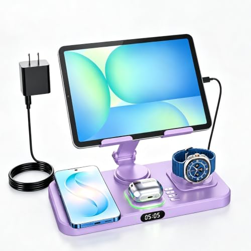 6 in 1 Charging Station for Samsung Multiple Devices, Foldable Wired Charging Stand for iPad/Tab with Clock & Light, Charger for S26/S25 Ultra/Z Fold 7 & Buds, Only for Galaxy Watch(Purple) - color: Purple