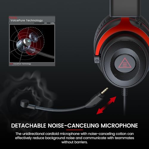 EKSA E900 Gaming Headset with Microphone - PC Headset with Detachable Noise Canceling Mic, 3D Surround Sound, Wired Headphone for PS4, PS5, Xbox, Computer, Laptop, Switch, Handheld (3.5MM Jack) - color: Red