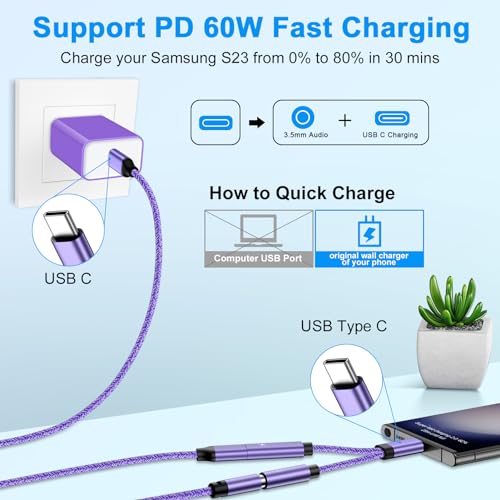USB C to 3.5mm Audio Headphone & Android Phone Charger Adapter, 2-in-1 Type | C to Aux Earphone Jack Dongle Cable & 60W Fast Charging for Samsung Galaxy S26 A17 A36 A54 A34 S24 S23 Ultra S22 S21 fe S20