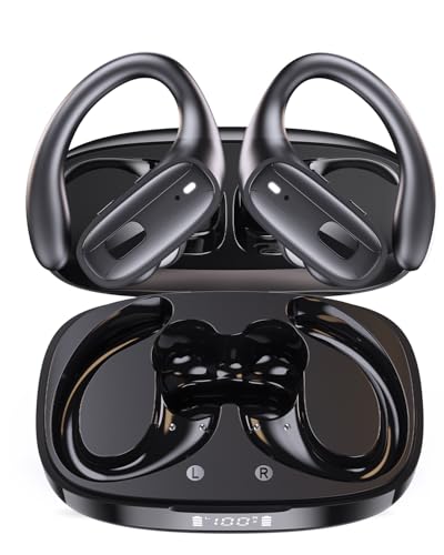 LEEMC Wireless Earbuds with Hooks for Sports, Bluetooth Headphones 5.4, Noise Canceling Ear Buds, 80Hr Playtime, LED Display, IPX7 Waterproof Earphones for Workout Running,Ebony