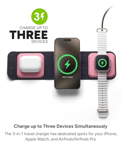 Mophie 3-in-1 Travel Charger with MagSafe - Portable Wireless Charging Hub, Compatible w/iPhone 17/16/15/14/13/12 Series, Apple Watch Series 11 to 1 & Ultra, AirPods Pro/3rd Gen, Cherry Blossom Pink - color: Cherry Blossom Pink, style: Gen 2