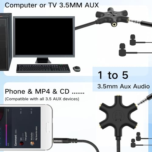 HOSONGIN 5-Way Headphone Splitter - 3.5mm Audio Sharing Hub with Braided Cable & Gold-Plated Connectors - Compatible with Smartphones Tablets Laptops MP3 Players - Perfect for Travel School Family Fun