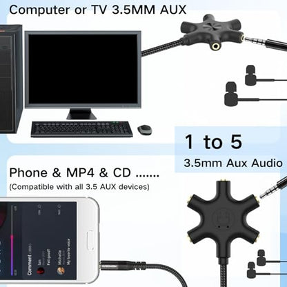 HOSONGIN 5-Way Headphone Splitter - 3.5mm Audio Sharing Hub with Braided Cable & Gold-Plated Connectors - Compatible with Smartphones Tablets Laptops MP3 Players - Perfect for Travel School Family Fun