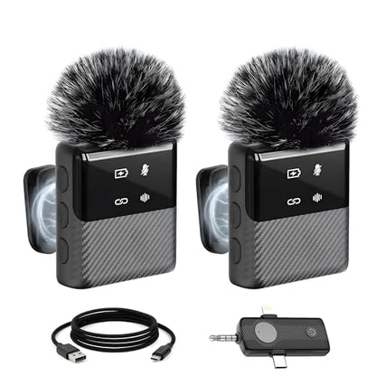 3 in 1 Dual Wireless Lavalier Mic System for iPhone and USB-C Android, Plug & Play, Noise Reduction, 30M Range, for Creators, Interviews & Live Streaming | Plug and play, noise reduction, two mics with compact receiver, for interviews, live streaming, pod