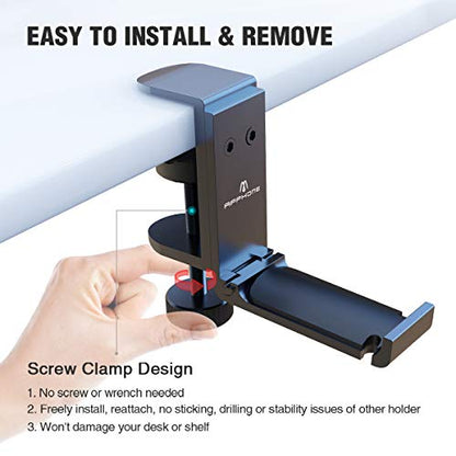 2Pack Upgrade Foldable Headphone Stand Under Desk PC Gaming Headset Hanger Holder Hook Clamp with Built in Cable Clip Organizer Space Save Mount Fold Upward Not in Use, Universal Fit, Black - color: Premium Black-Two Pack