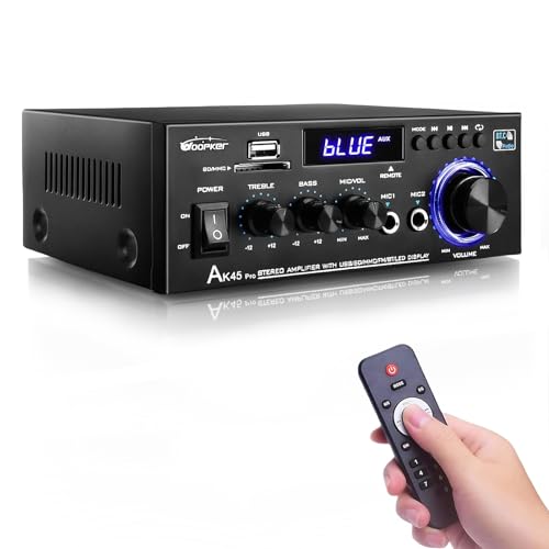 AK45 Pro Stereo Amplifier Home Audio, Stereo Receivers with Bluetooth 5.0,Max 400W, 2.0 Channel Audio Receiver for Home Theater Speakers w/USB/SD/RCA/2 MIC in for Karaok - size: AK45 pro