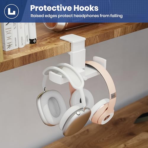 Dual Headphone Stand Holder - EURPMASK 2 in 1 PC Gaming Headset Hooks, 360 Degree Rotating Headphone Hanger with Adjustable Clamp & Cable Clip Organizer, Headset Mount Under Desk Earphone Clamp-White - color: White