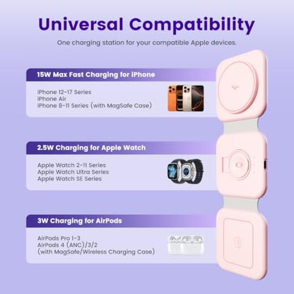 15W Magnetic Travel Charging Station, 3-in-1 Foldable MagSafe Charger | Wireless Charger for Apple Multiple Devices - iPhone Air 17 16 15 14 13 14 Pro Max, Watch & AirPods - Blush Pink - color: Blush Pink