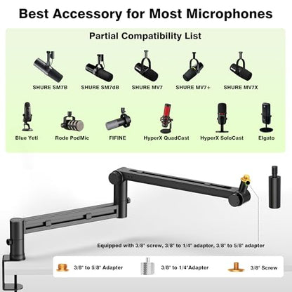 AA AUDIO ACCESSORY Mic Arm Desk Mount (Design for Heavy Mic) 6.6lbs Load Capacity, Stable Gear Lock Never Sags, Metal Low Profile Microphone Boom Stand for Shure SM7B SM7dB MV7, Blue Yeti, Rode PodMic - color: Black