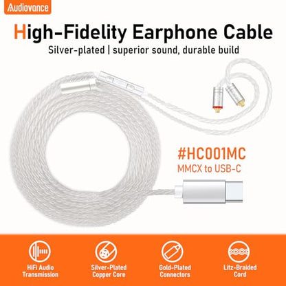Premium HiFi USB-C IEM Cable with Mic - Silver-Plated MMCX Cord for Lossless Sound, USBC in-Ear Monitor Cables with 96kHz/24bit DAC for Vibes 201/202, Shure SE215/315/425/535/846, Silver(HC001MC)