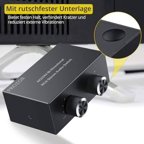 PROZOR 4-Way Stereo L/R Bi-Directional Audio Switcher 4X2/2X4 | Bi-Directional 2 in 4 Out or 4 in 2 Out, with Off Button No External Power Required, For DVD Stereo Speaker, CD Player - color: Black 4-2