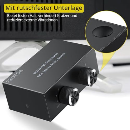 PROZOR 4-Way Stereo L/R Bi-Directional Audio Switcher 4X2/2X4 | Bi-Directional 2 in 4 Out or 4 in 2 Out, with Off Button No External Power Required, For DVD Stereo Speaker, CD Player - color: Black 4-2