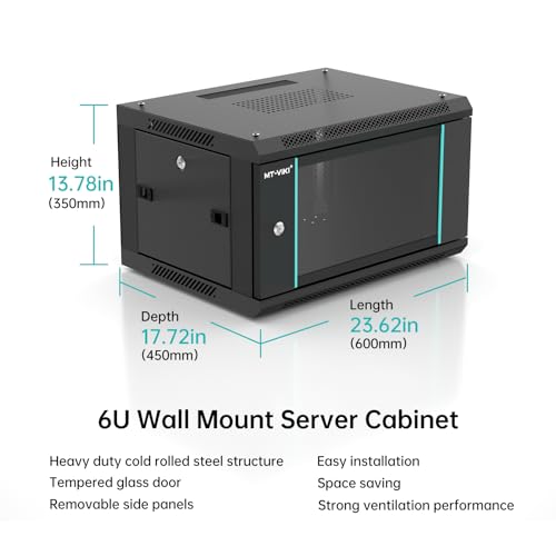 MT-VIKI 6U Wall Mount Server Cabinet Network Rack Vented Enclosure, 0.8mm Thick, 17.7'' Deep (450mm), for 19'' IT Equipment, Included 1pcs 10'' Depth Rack Shelf - size: 6U