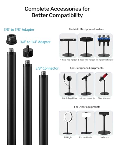 7.7-in Desktop Mic Stand, Weighted Base for Multi Microphone Holder Stand | 3/8 Thread, With 5/8, 1/4 Adapters for Wide Compatibility, Cable Ties, Table Stand for Multi Microphone Holder/Podium/Podcast