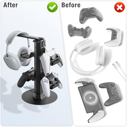 Gaming Controller & Headset Holder Stand for Desk, with Charger Cable Organizer Headphone Stand for PS5/ Xbox/ PS4/ Switch, Metal Base Controller Hook for Storage with 360° Rotatable Hanger- 2 Tiers - size: 2 Tiers